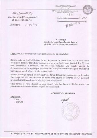 Lettre du ministère des tranports adressée au ministère de l’économie